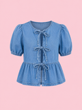 tied puff sleeve denim shirt