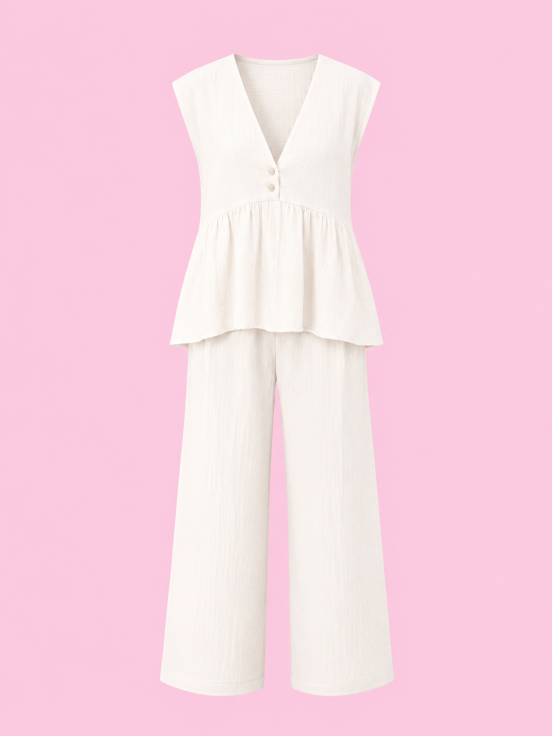 one button sleeveless top and wide-leg pants set