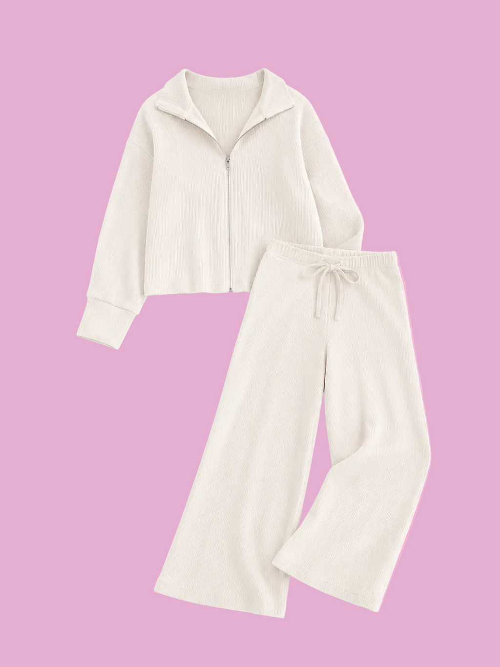 zip up cardigan and drawstring wide leg pants knit Set