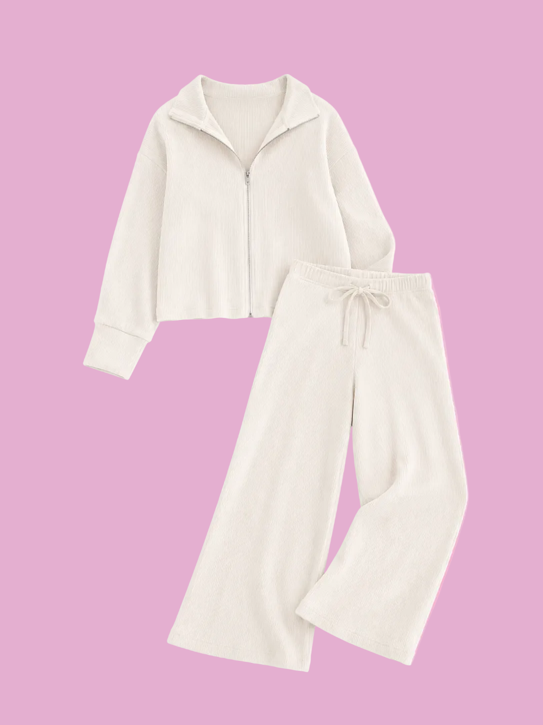 zip up cardigan and drawstring wide leg pants knit Set