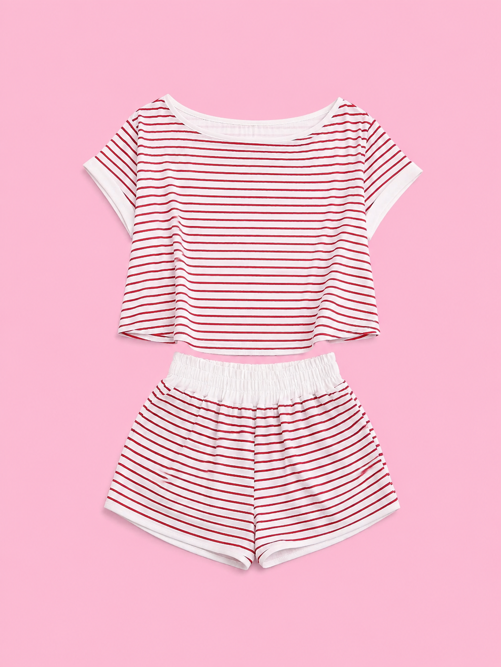 full size striped round neck top and shorts set