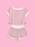 full size striped round neck top and shorts set