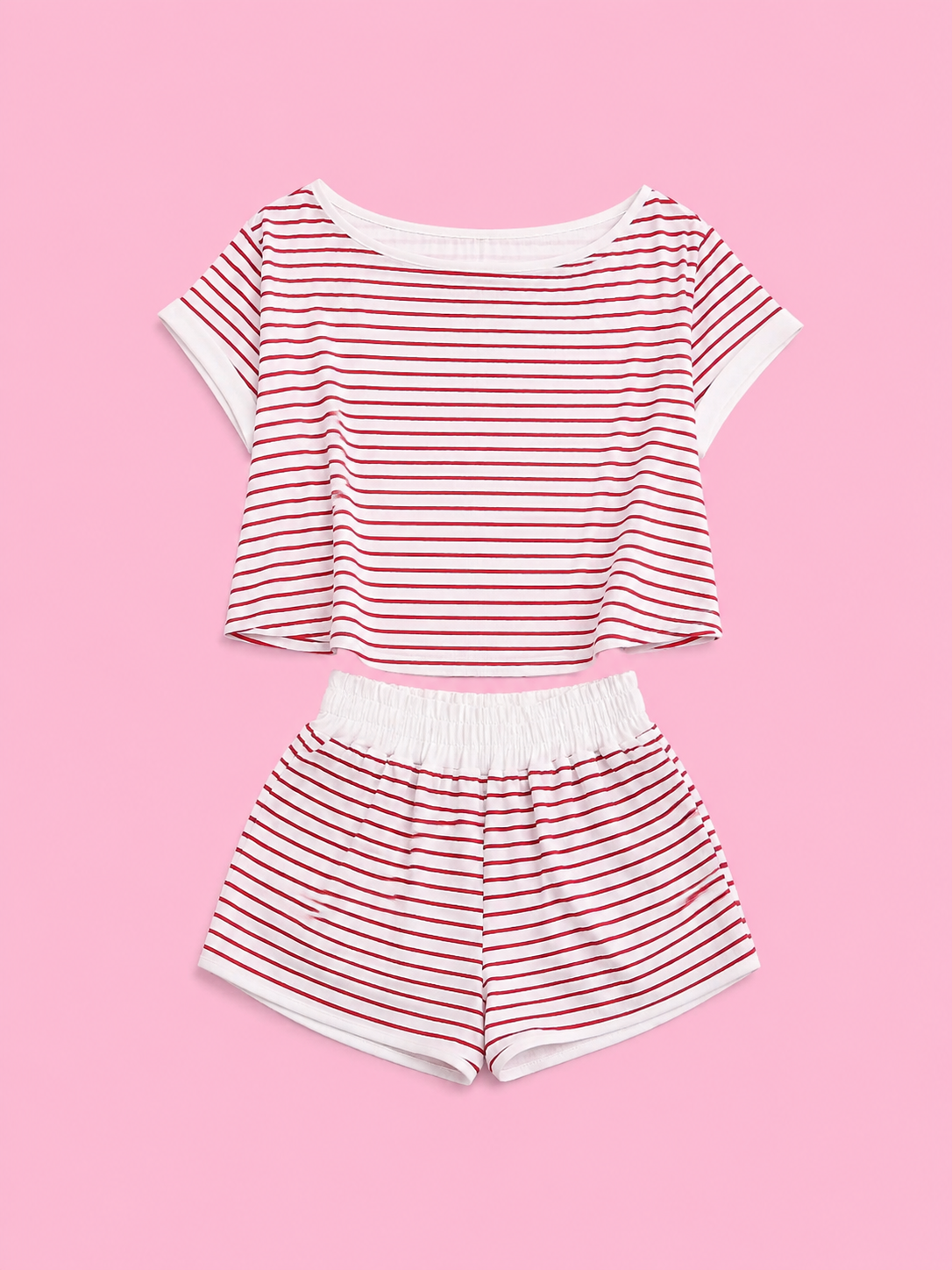 full size striped round neck top and shorts set