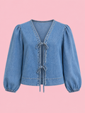 tied front puff sleeve denim top