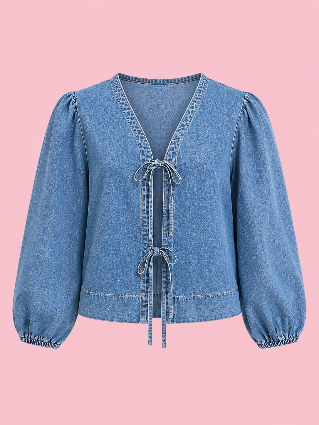 tied front puff sleeve denim top