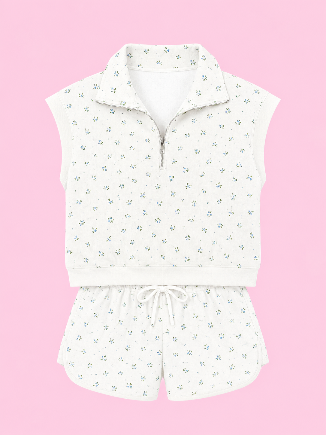 floral print half zip top matching short set