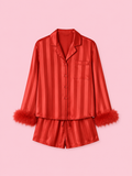 striped feather trim shirt and shorts pajamas set
