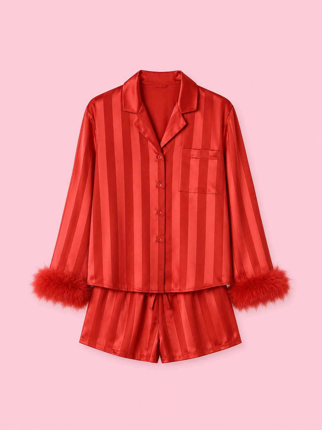 striped feather trim shirt and shorts pajamas set
