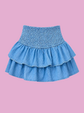 layered ruffle smocked waist denim skirt