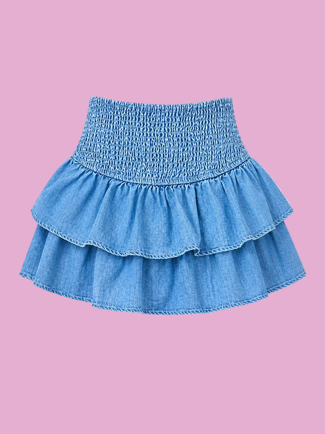 layered ruffle smocked waist denim skirt