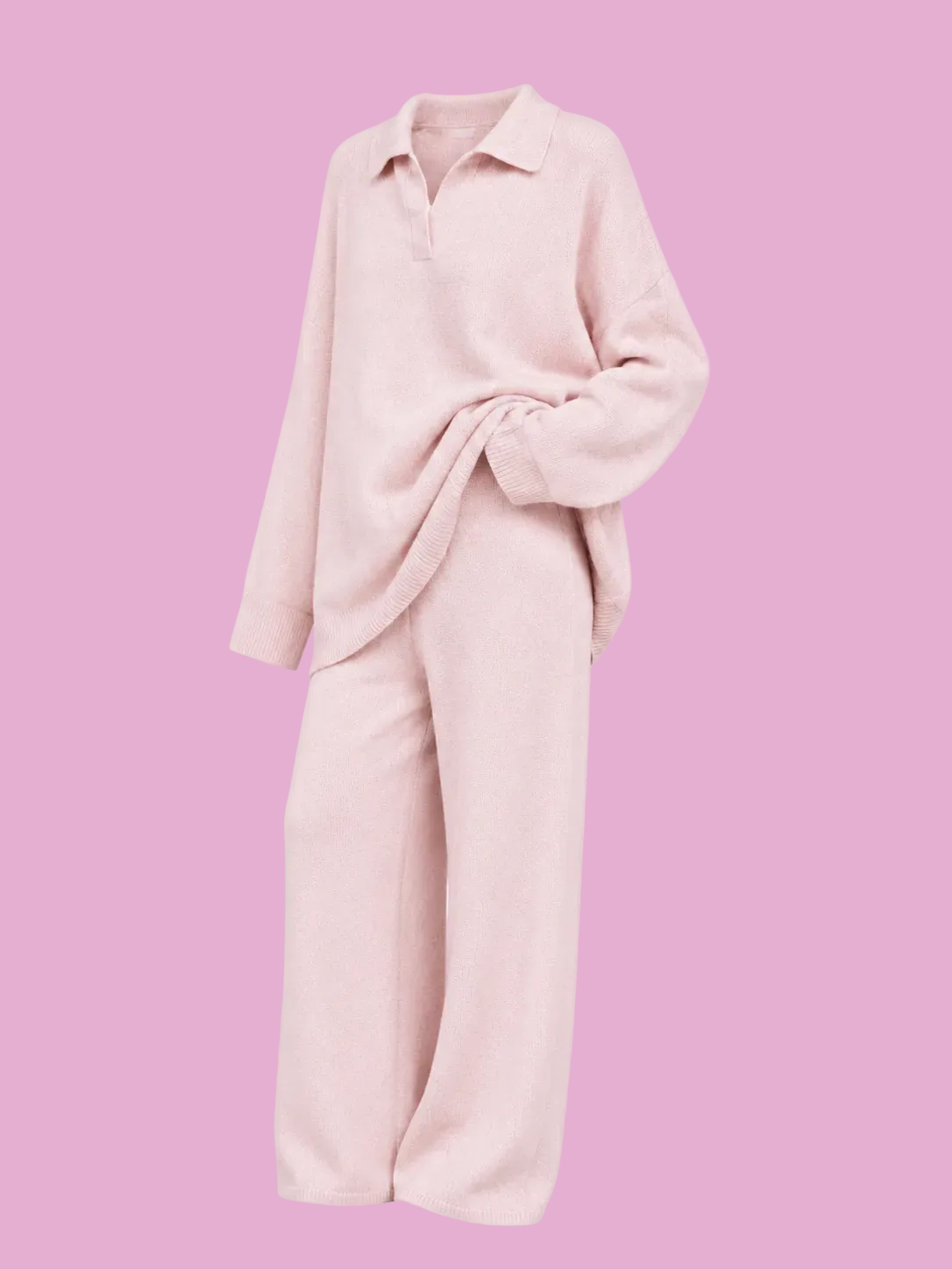 polo collar top and wide leg pants knit set