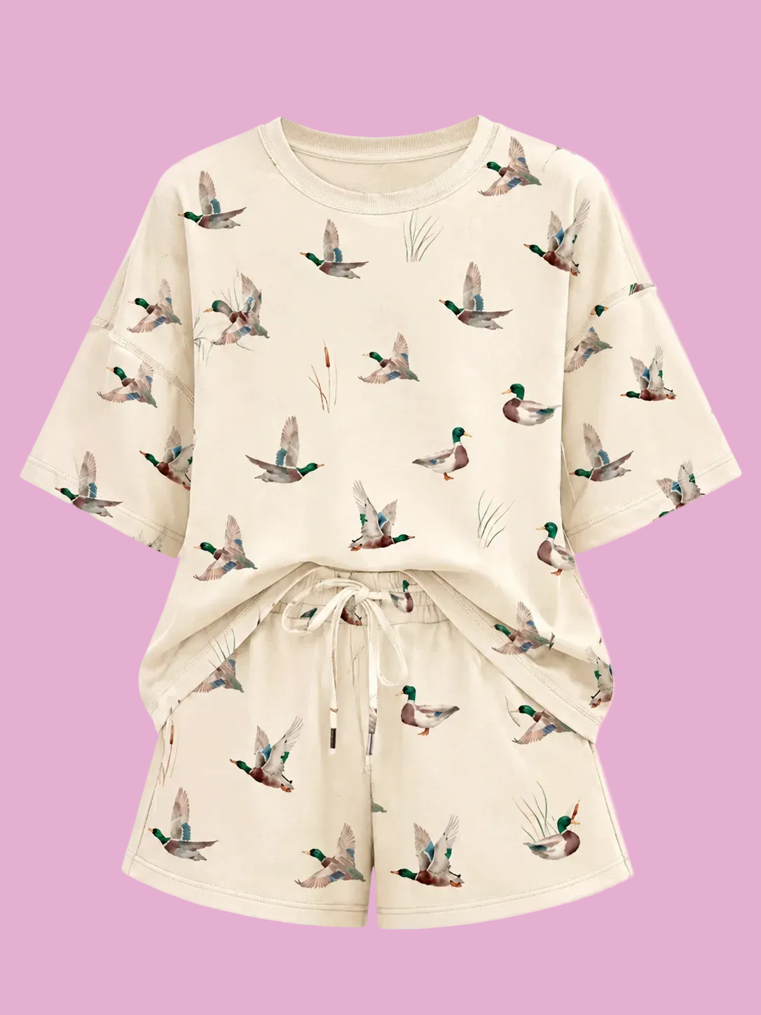 mallard duck print oversized tee drawstring short set