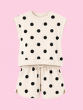 ribbed trim polka dot print tank Split mini skort 2pcs set