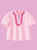 embroidered detail puff sleeve cotton blouse
