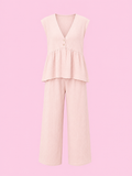 one button sleeveless top and wide-leg pants set