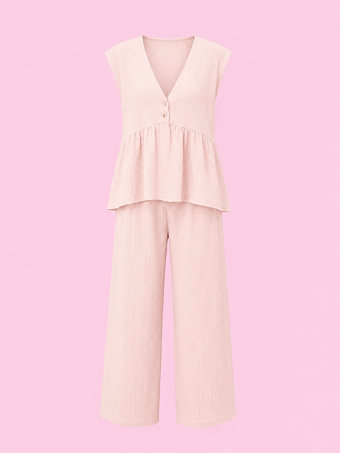 one button sleeveless top and wide-leg pants set
