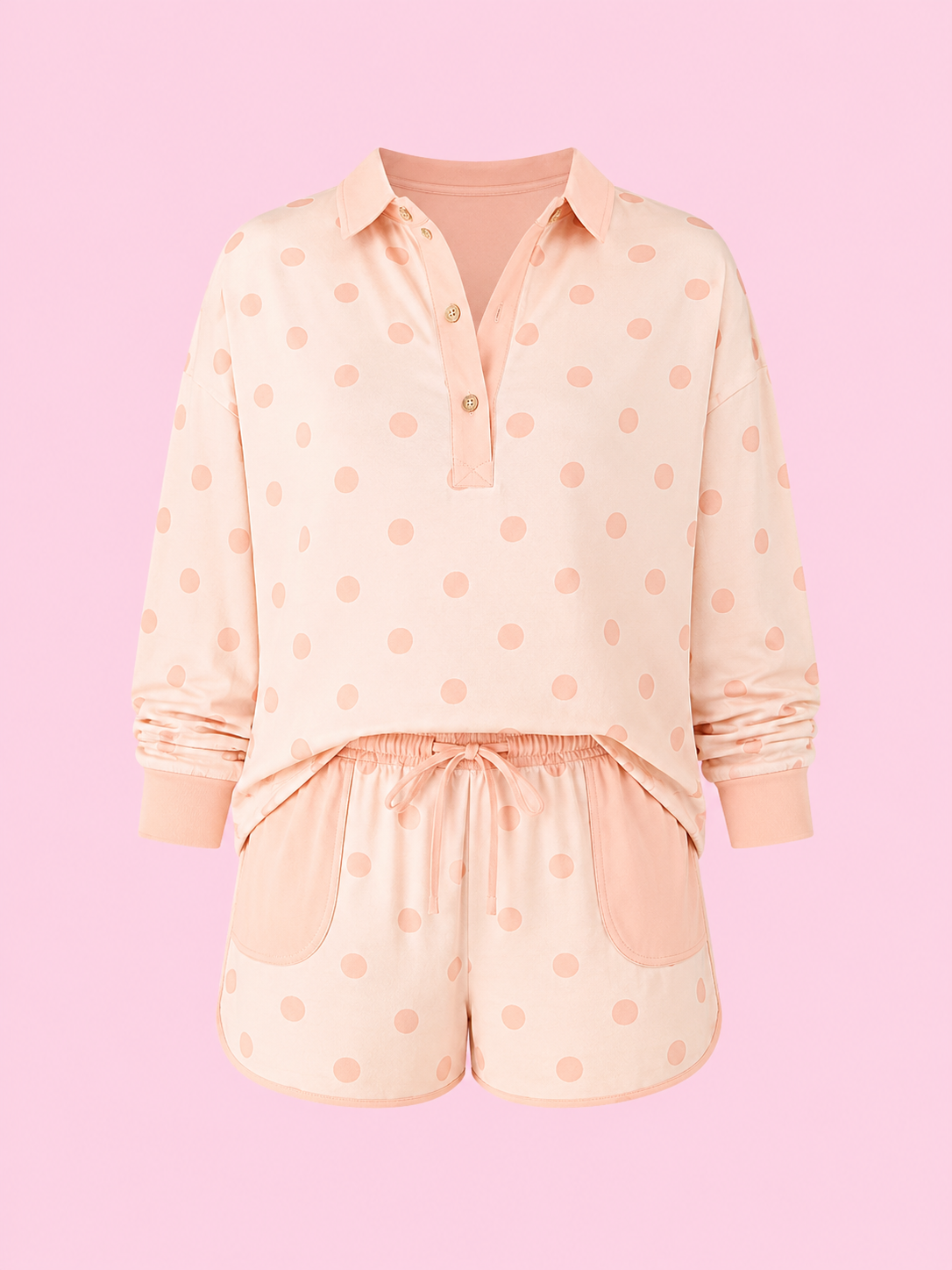 polka dot drop Shoulder polo loose pullover patch pocket casual shorts set