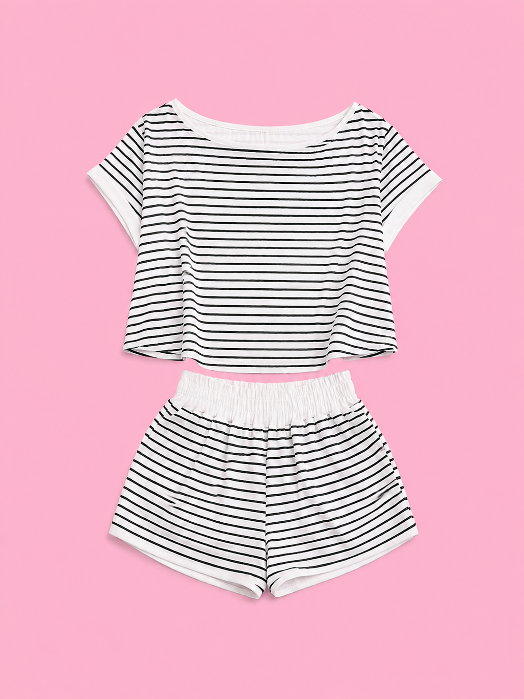 full size striped round neck top and shorts set