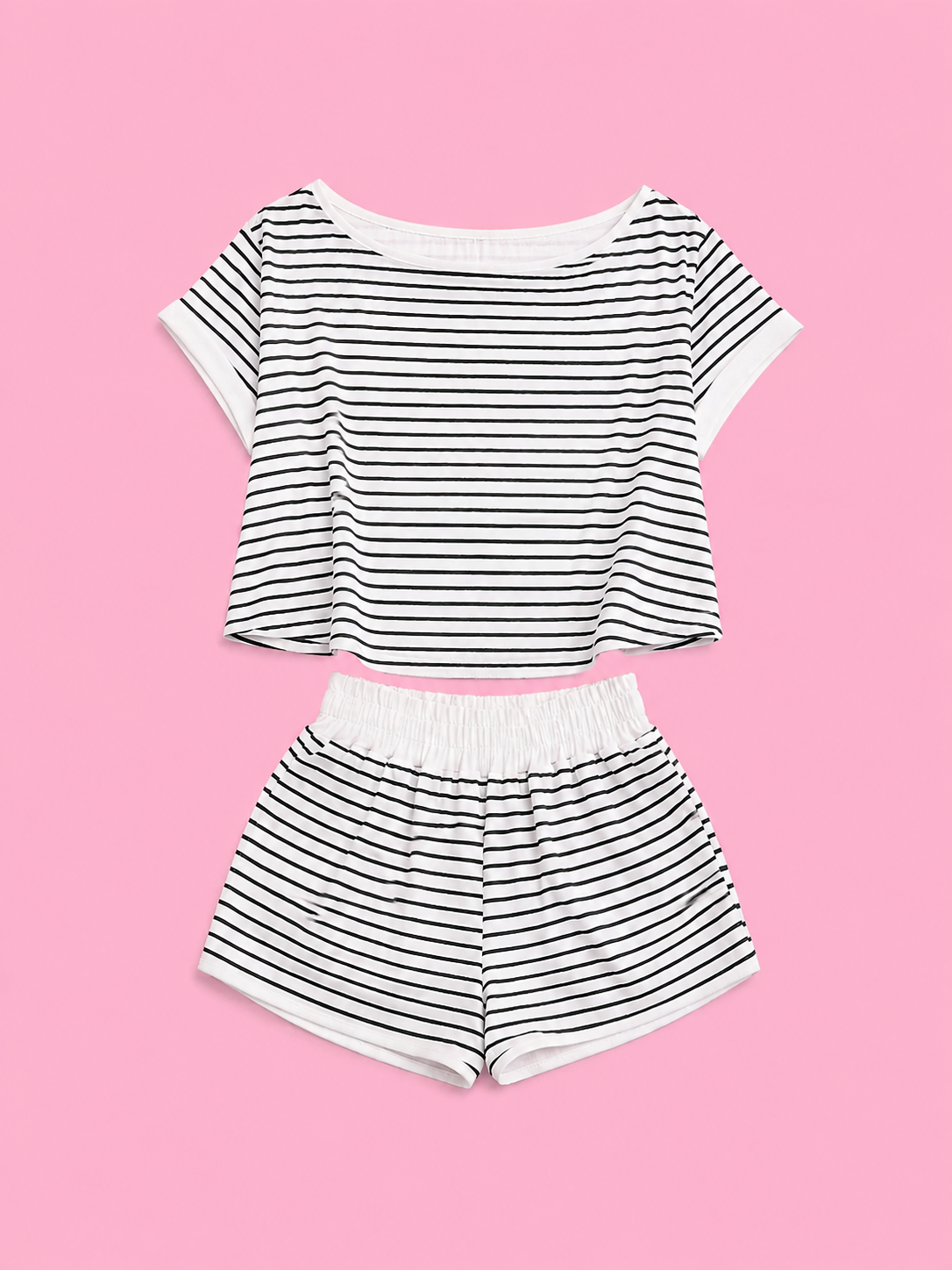 full size striped round neck top and shorts set