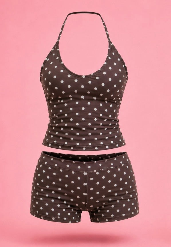 halterneck brown polka dot set